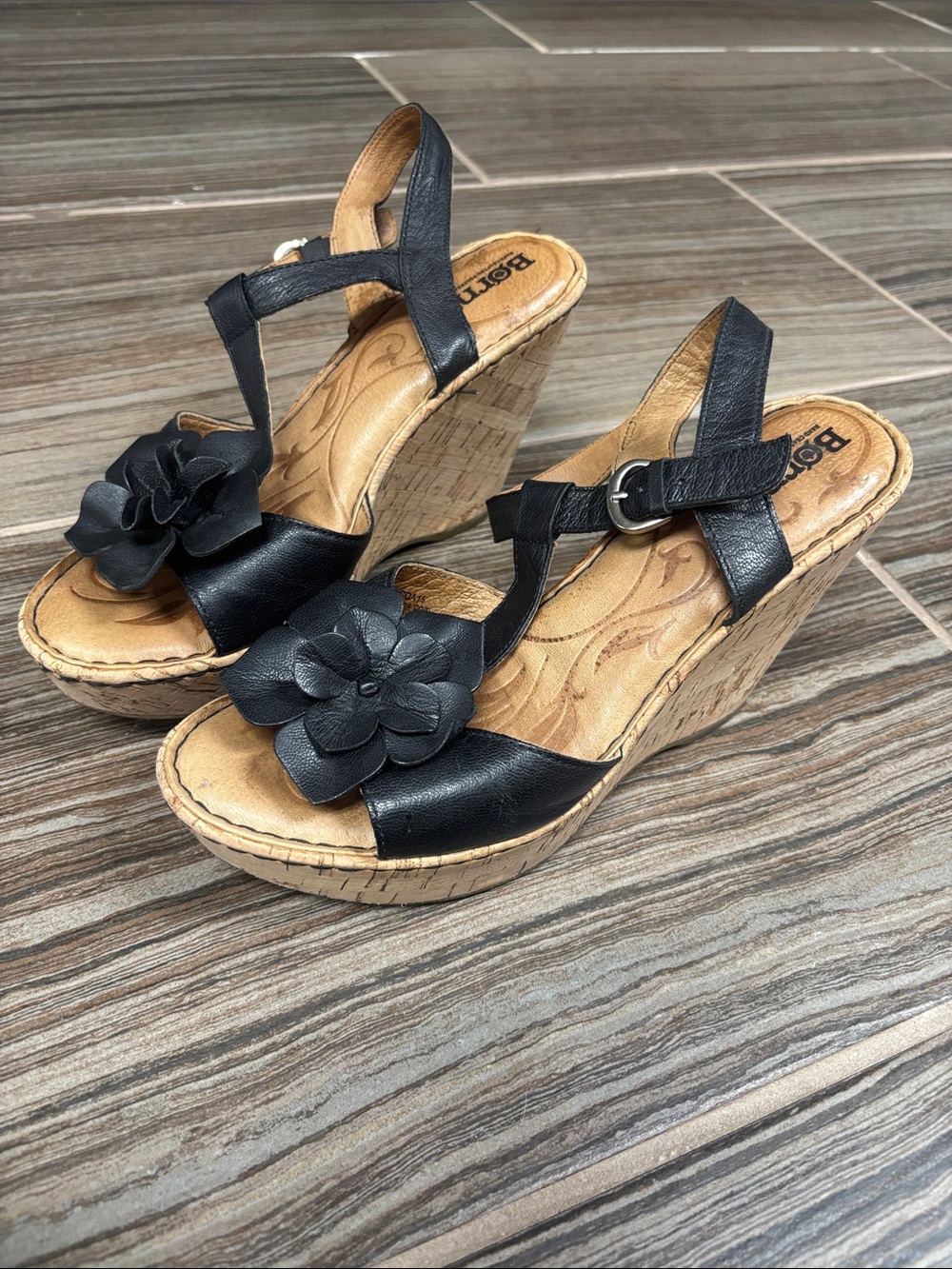 Born Wedge Sandals with Floral Accent - Black and Cork